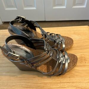 BCBGeberation Pewter Multi-Strapped Wedge Sandals with Cork Insole. Size 10.